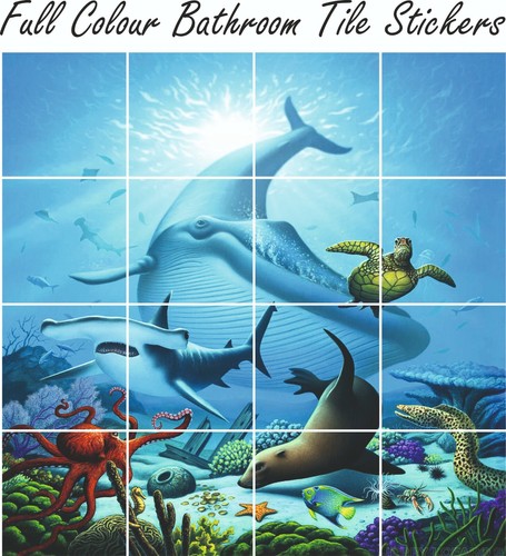 FULL COLOUR SEA LIFE TILE STICKERS - Waterproof, Bathroom tiles - Whale - Picture 1 of 7