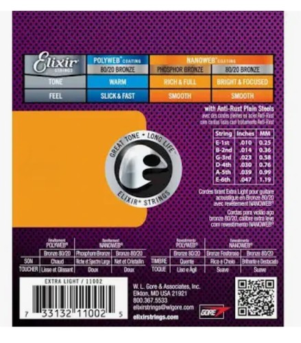 Elixir 11002 Nanoweb Acoustic Guitar Strings Extra Light 10-47 - Picture 2 of 2