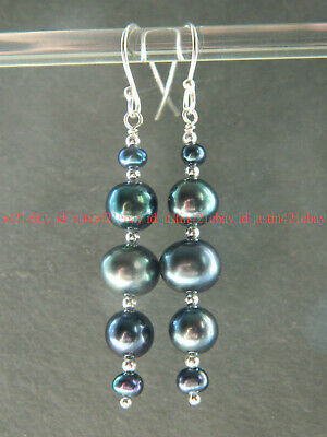 Genuine Natural Peacock Black Freshwater Pearl Silver Hook Long Drop Earrings AA