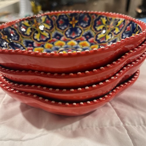 Henxfen Lead Bowls Bright Colorful Ceramic Mexican Red Large Pasta Bohemian 27oz - Picture 5 of 6
