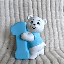 One Year Old Ceramic Teddy Bear Cake Topper White and Blue