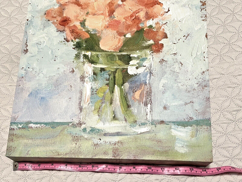 18" x 14" Blumen im Glas, gemalt auf gespannter Leinwand -- blau + orange + grün - Bild 5 von 7