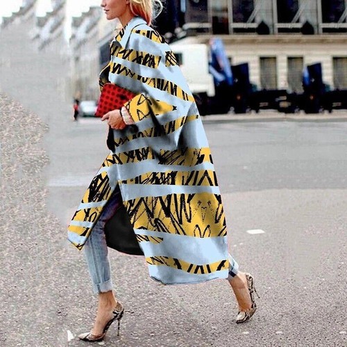 Damen Ausgestellter Langarm Print Mantel Lang Trenchcoat Locker Mode Streetwear - Bild 7 von 40