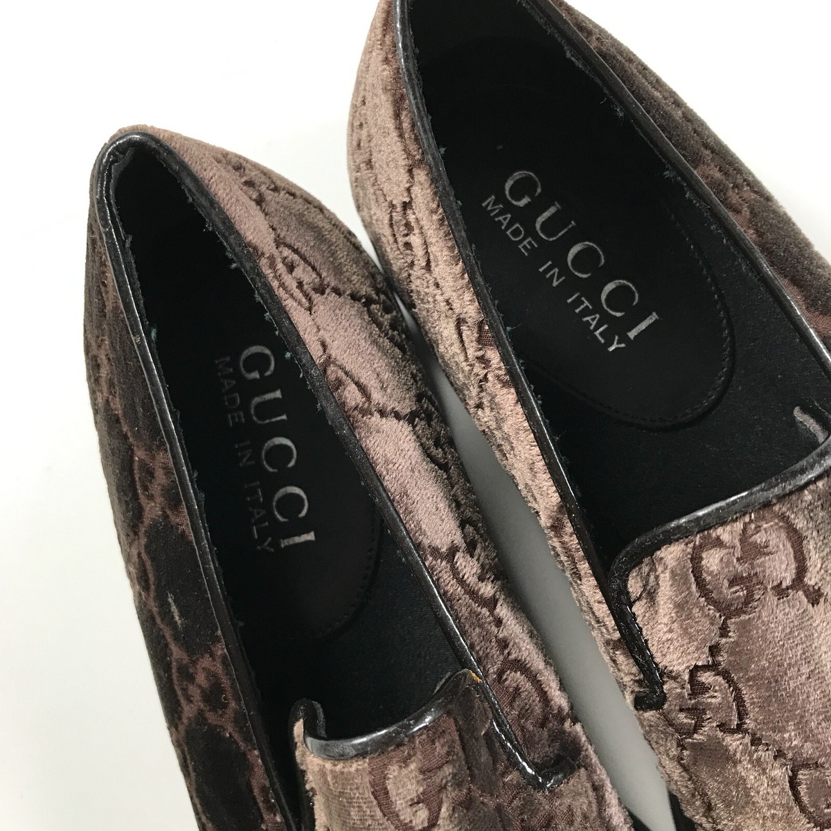 Gucci Womens 5 Loafers Brown Velvet All Over Print Logo Gucci Womens 5 Loafers Brown Velvet All Over Print Logo