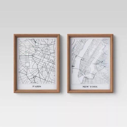 (Set of 2) 16" x 20" New York and Paris Framed Maps Threshold Wall