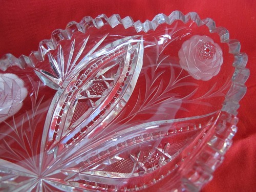 RARE LEAD CRYSTAL AMERICAN BRILLIANT SAW TOOTH ROSE DESIGN 10 3/4" CELERY DISH - Picture 3 of 8