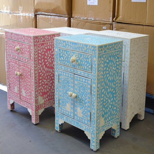 Bone Inlay Nightstand Table, Bedside Table Cabinet Strawberry Furniture - Picture 14 of 15