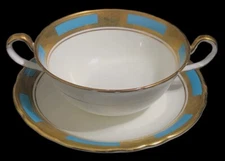 Aynsley EMPRESS TURQUOISE Cream Soup Cup Saucer Set(s)~2 Handle~Heavy Gold
