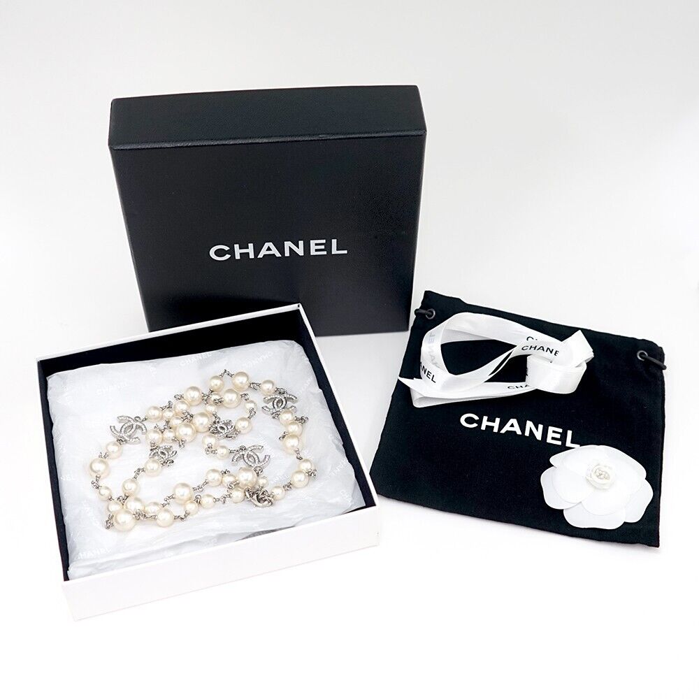 CHANEL CC Logos Rhinestone Pearl Long Necklace 42