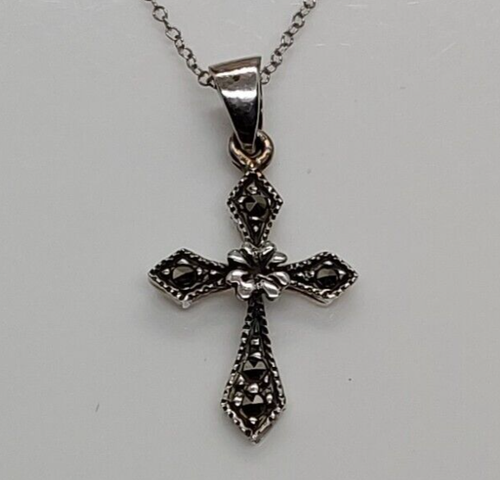 Vintage CW 925 Sterlingsilber Markasiten Kreuz Anhänger Kette Halskette 18" lang
