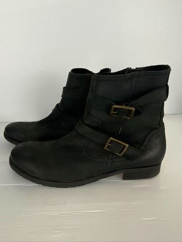 BEN SHERMAN SIZE 45 MENS BLACK LEATHER BIKER ANKLE BOOTS SIDE ZIP BUCKLES CHUNKY - Picture 2 of 10