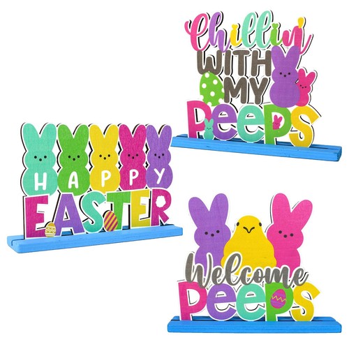 Happy Easter Decorations Indoor Tabletop Colorful Rabbits Eggs Wooden Signs 3Pcs - Picture 6 of 12