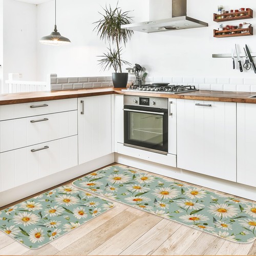 Daisy Flower Kitchen Mat Set of 2 Watercolor Non-Slip Farmhouse Rugs 17x29+17x47 - Picture 5 of 7