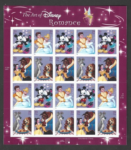 US Scott #4028a 39¢ The Art of Disney: Romance MNH Pane of 20 - 2006
