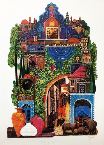 Amram Ebgi "Stadt des Safes" GERAHMT signiert & # Kunst Judaisch Israel Safat Tsfat - Bild 2 von 8