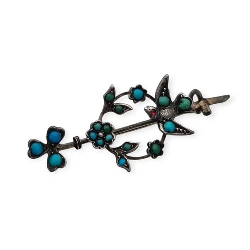 Broche victoriano de plata con pájaro y flor, pieza sentimental de joyería, 1890 - Foto 3 di 10