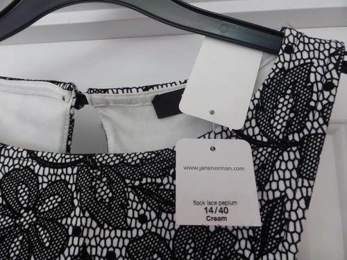 Jane Norman Size 10 Flock Lace Peplum Top Bodice Cream with Black leaf BNWT - Picture 2 of 6