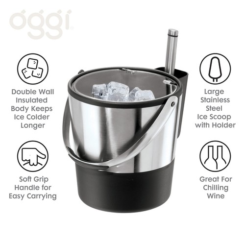 Oggi Insulated Ice Bucket, 4 Quart / 3.8 L, Stainless Steel, Black. - Picture 4 of 7