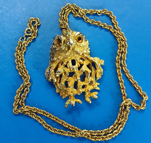 Pendentif Vintage Chouette Hibou Métal Doré Années 80 – Occasion