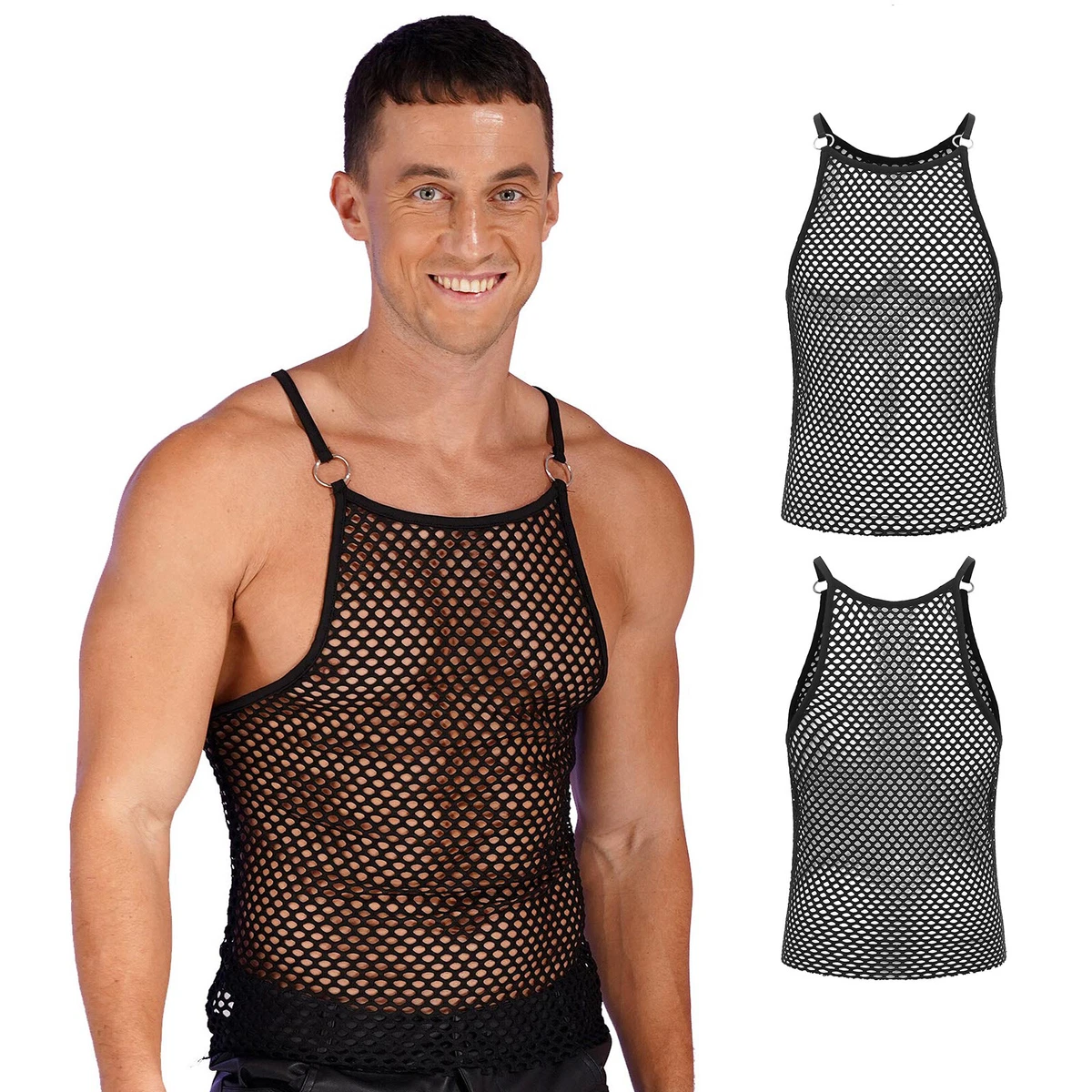 Men Fishnet Mesh Tank Top Vest Hollow Out Sleeveless Undershirt Tee Top  T-shirt