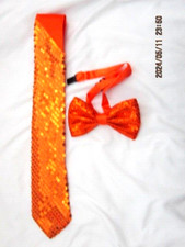 Tuxedo Bright Orange Sequin Strap Bow Tie Matching 3" Orange Sequin Necktie-New 