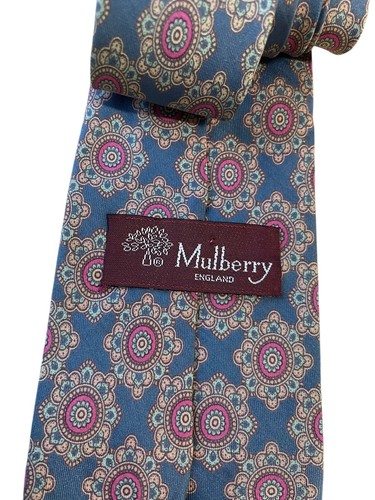 Mulberry England Silk Tie Made In Italy Blue Pastel Flower Pink - Picture 2 of 4