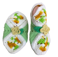 Handmade Crocheted House Slippers Green From 8-9.5" long foot Women Youth