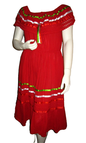 Women Embroidered Floral RED Dress Below Knee Elastic Waist Made Mexico Cotton