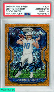 2020 PANINI PRIZM JUSTIN HERBERT #325 DISCO PRIZM RC PSA AUTH AUTO GEM MT 10