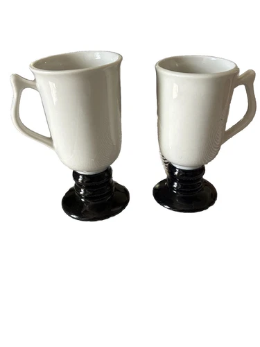2 Vintage Hall Footed Pedestal Irish Coffee Mugs #1273 & 1272 USA Black & White