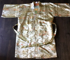 Jin Hon Oriental Gold Rayon Satin Jacquard Chinese Belted Robe Kimono Dragons
