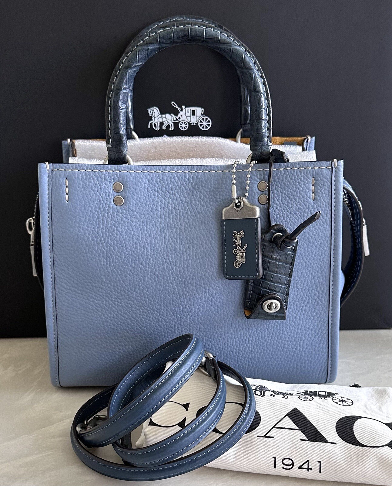 NWT COACH MTO CORNFLOWER BLUE COLORBLOCK LEATHER CROCODILE ROGUE 59995