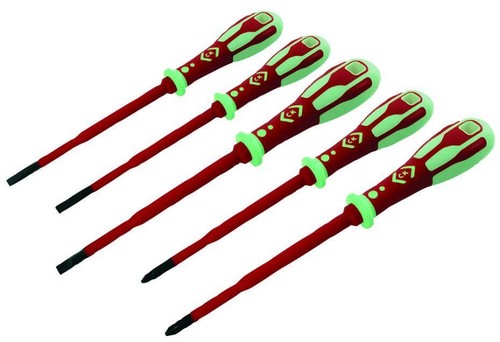 Dextro VDE Glo Phosphorescent Slim Slotted / Pozidriv Screwdriver Set, 5 Piece - - Picture 1 of 3