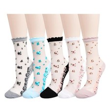 Womens Mesh Sheer Socks Vintage Floral Lace Socks for Girls Thin Glass Socks ...