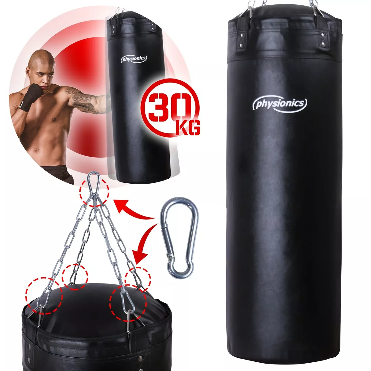 Physionics® Sac de Frappe Boxe 30kg Rempli 120cm avec Chaîne MMA Kickboxing