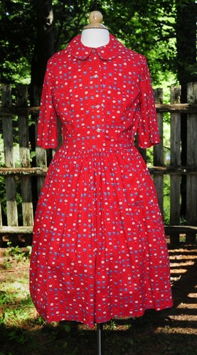 VTG 60's Girls Holiday Red Cotton School Church Dress 12/14 Hats on Stands Print - Picture 2 of 12