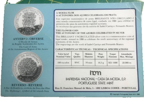 Elfe Azoren Portugal 100 Escudos 1986 Hortensie Blume Silber in Heftkarte - Bild 4 von 4