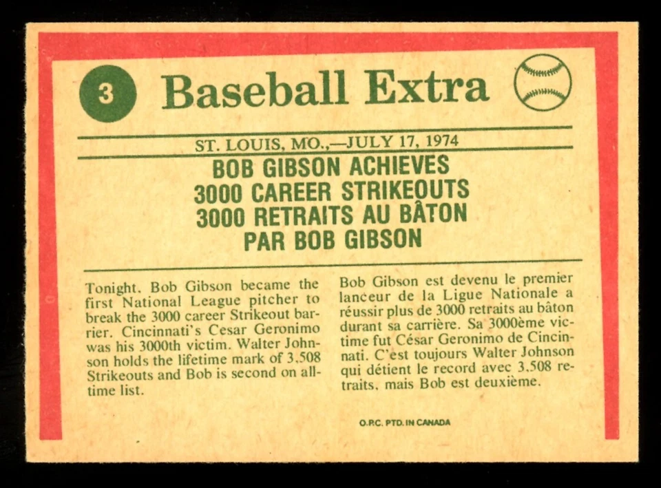1975 TOPPS OPC O PEE CHEE BASEBALL #3 Bob Gibson HOF EX-NM 3000 Strike Cardinals - Image 2 of 2