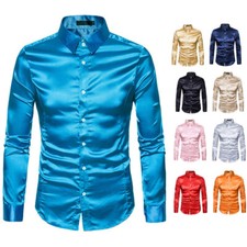 Men Satin Silk Long Sleeve Dress Button Down Causal Shirt Fancy Solid Slim Tee  