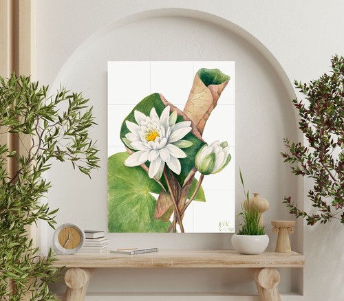 Panel de cerámica mural/mosaico de azulejos de flor de nenúfar americano - impresión botánica - Imagen 3 de 4