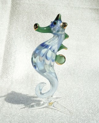 FOLK ART Handicraft MINIATURE HAND BLOWN GLASS Blue Seahorse Marine FIGURINE