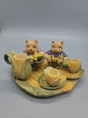 Vintage Miniature Bears And Corn Stalk 10 Piece Tea Set 