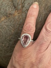 Retro Pink Pear Cubic Zirconia Bejeweled Crystal Sterling Silver Ring - Size 7