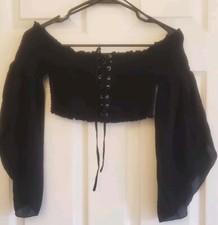 Goth Renaissance Witchy BLACK TOP Lace Up Whimsigoth Flowy Sleeve Fairy