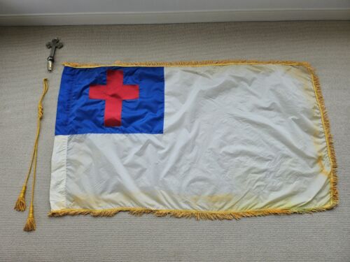 Vtg Christian 3x5’ Flag And Staff Topper Cross And Tassel - Lots Of Staining - Picture 2 of 11