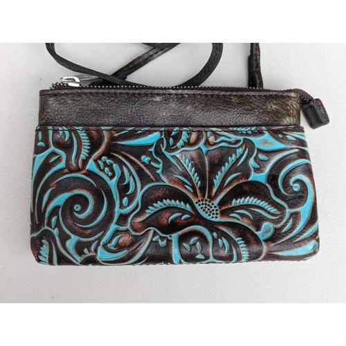 Patricia Nash Teal and Brown Tooled Leather Bacoli Crossbody - Picture 3 of 7