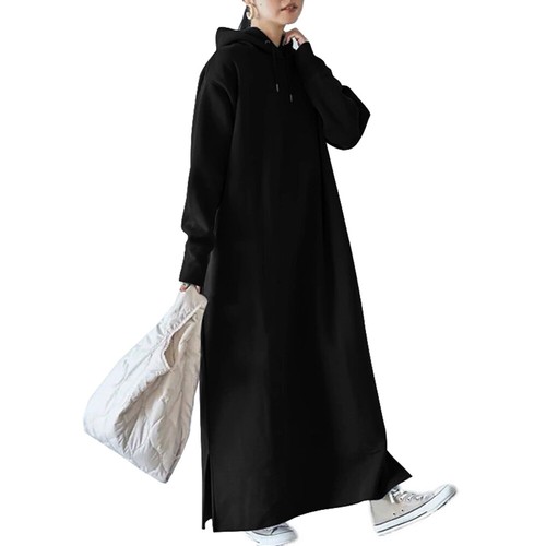Womens Long Sleeve Fleece Hooded Sweatshirt Maxi Dress Loose Solid Hoodie Dress - Picture 5 of 16
