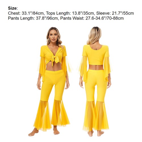 Womens Dancewear Bell-Bottomed Belly V Neck Crop Top With Pants Competition - Picture 15 of 61
