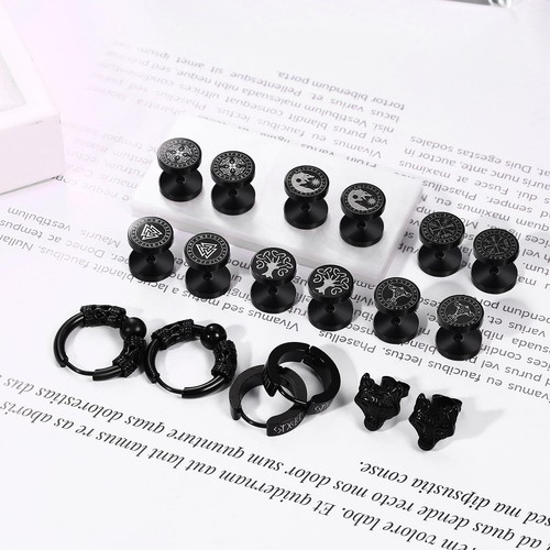 6-9 Paar Herren Wikinger Ohrringe Edelstahl Ohrstecker Huggie Hoop Wolf Runen Piercing - Bild 4 von 9