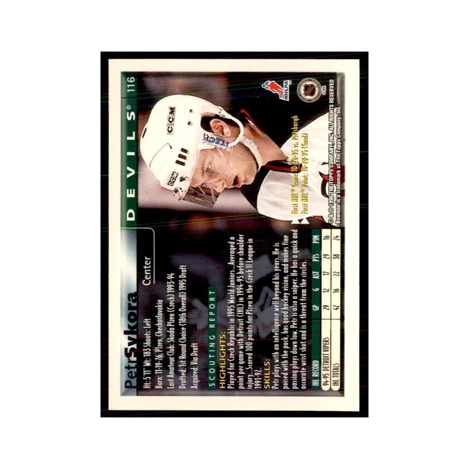 1995 Bowman Petr Sykora RC New Jersey Devils #116 - Image 2 of 3